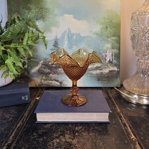 Vintage Indiana Glass Amber Diamond Point Ruffled Compote Pedestal Candy Dish 6"